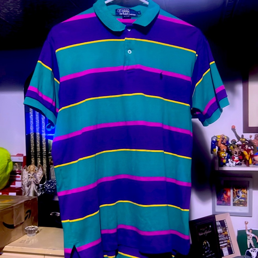 Polo by Ralph Lauren shirt. Purple, pink, green & yellow striped, size Large